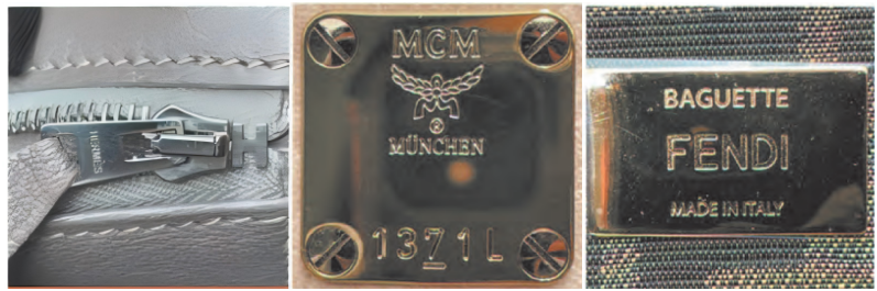 Spotting Fake Designer Bags-Close - up of MCM and FENDI luxury bag hardware, including zippers and metal plaques with brand logos.