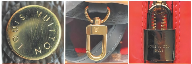 Spotting Fake Designer Bags-Louis Vuitton luxury bag hardware, featuring the iconic LV logo on zippers, locks, and metal accessories.