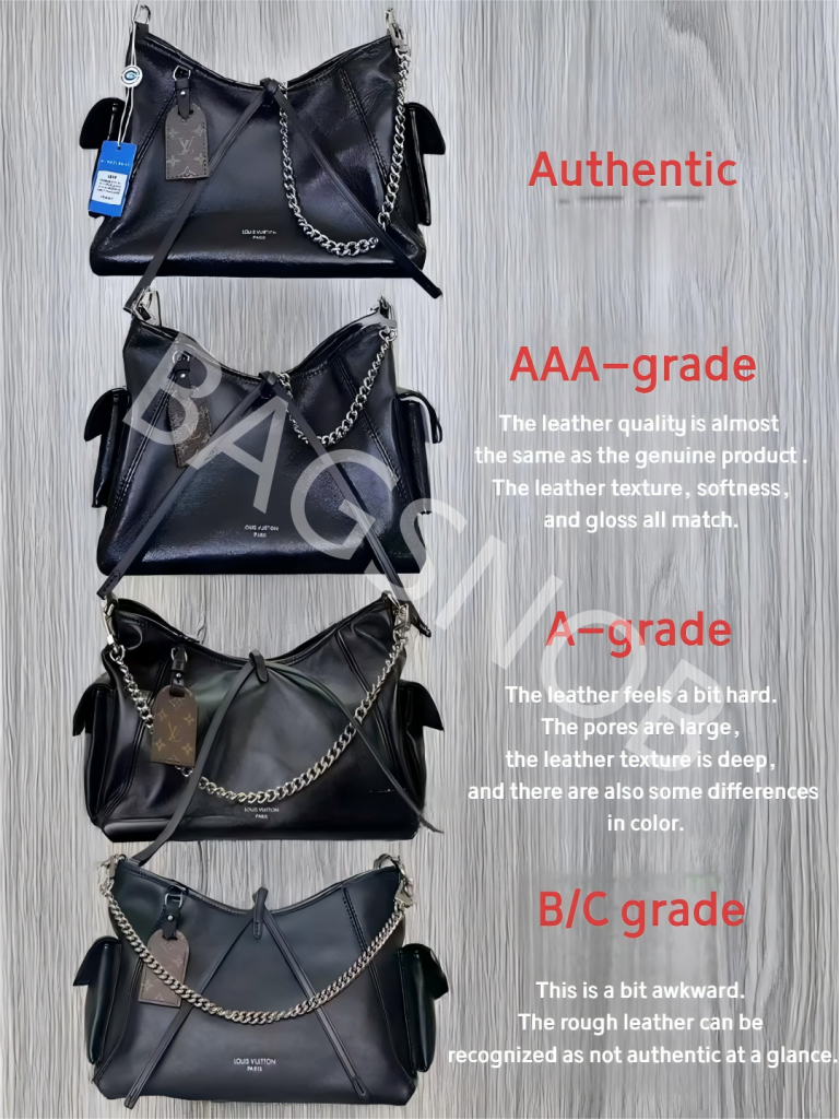 Comparison of Louis Vuitton Black Knight bags across authentic, AAA - grade, A - grade, and B/C - grade, showing differences in leather quality and overall appearance.