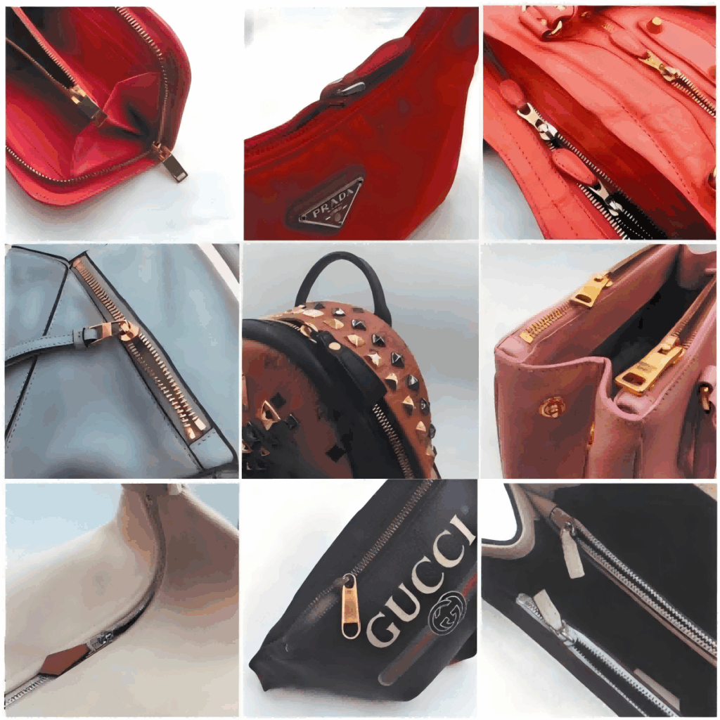 Spotting Fake Designer Bags-Collage of various luxury bags showcasing zippers and overall designs from brands like Prada and Gucci.