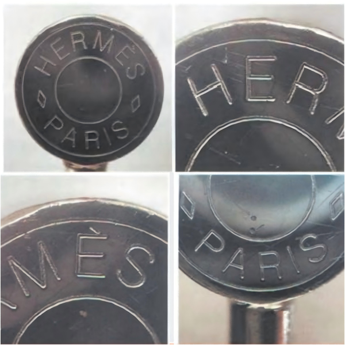 Hermès luxury bag hardware with "Hermès Paris" engraved on a circular metal accessory.