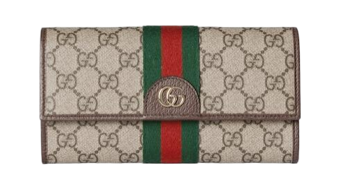 A Gucci wallet with the signature GG Supreme canvas and the recognizable green and red web stripe, ideal for stylish card and cash storage.