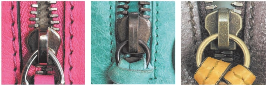 Spotting Fake Designer Bags-Close - ups of riri-Lampo-Ykk zipper heads on luxury bags in pink, turquoise, and brown, highlighting metal and stitching details.