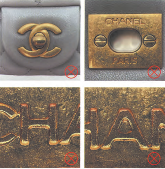 Chanel mini bag replica hardware example showing incorrect brassy yellow and overly shiny metal.