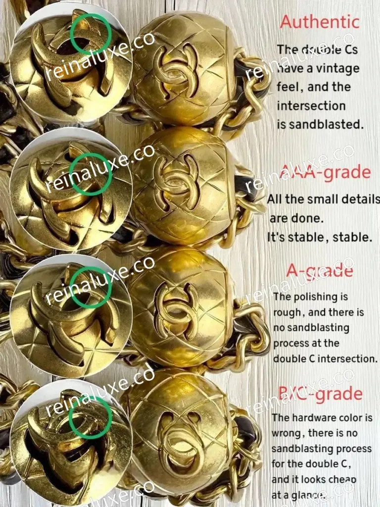 AAA Replica Chanel  CF Mini Gold Ball Bag-Close-up comparison of hardware details in different versions of Chanel CF Mini Pearl Crush bag, highlighting differences in double C logos and craftsmanship, showing authentic, AAA-replica, A-replica, and B/C-replica editions.