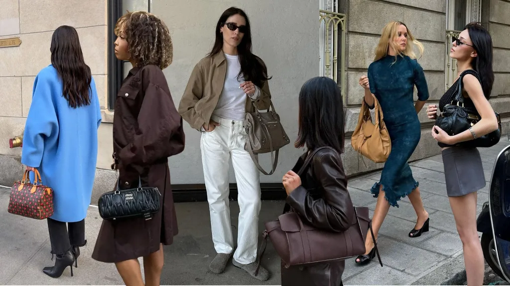 2025 luxury bag trends-In street scene, different people match various fashionable handbags, including printed tote bags, black quilted bags, etc., showing the diversity of daily fashion matching.