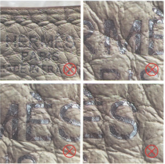 Hermes Kelly Bag Replica-Close-up of counterfeit heat stamp inside fake Hermès Kelly bag, showing blurry and off-center "Hermès Paris" embossing.