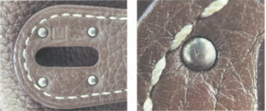 Detailed view of authentic engraved craftsmanship on Hermès Kelly bag, highlighting artisanal precision