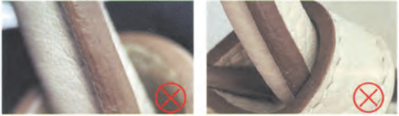 Hermes Kelly Bag Replica-Counterfeit edge paint on fake Hermès Kelly bag, showing uneven and blotchy application with red X marks.