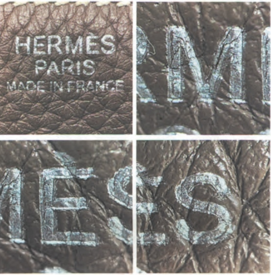 Close-up of authentic heat stamp inside Hermès Kelly bag, with clear and correctly positioned "Hermès Paris" embossing.