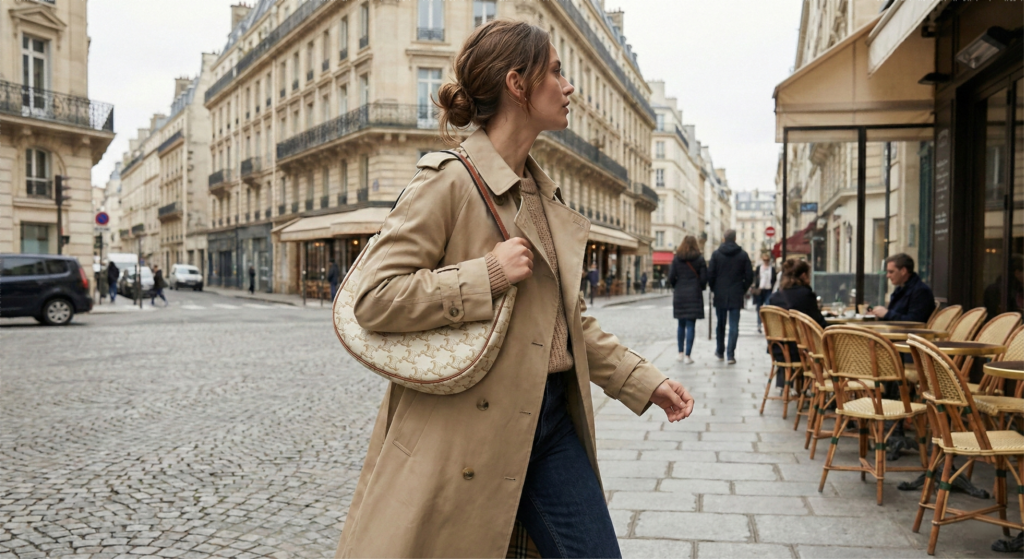 Styling the Celine Ava replica bag with a trench coat for a 2025 fashion trend look.