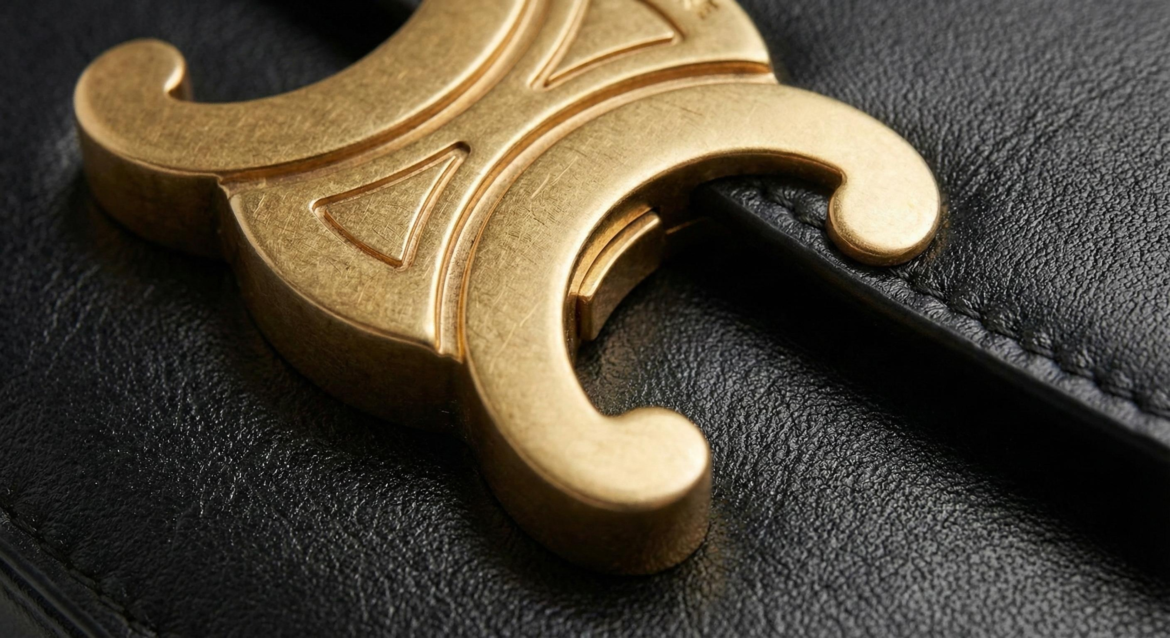 Close up of gold Triomphe hardware on a AAA Celine replica bag showing high-quality finish.
