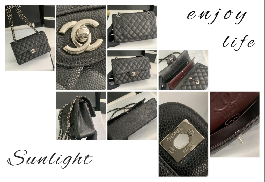 Detailed close-ups of a AAA Grade Chanel Classic Flap replica showing correct CC turn-lock, chain strap weight, and side profile structure.