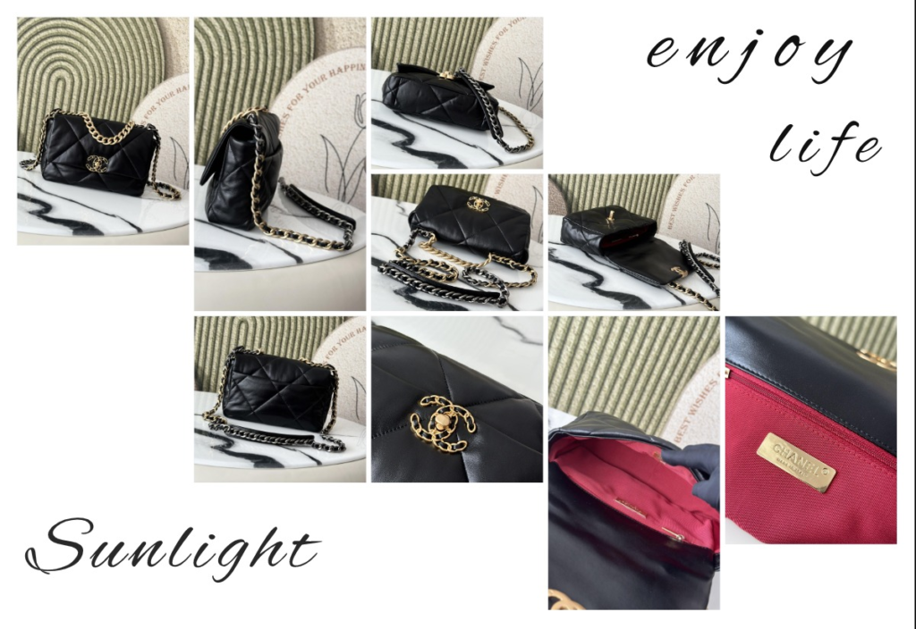 Chanel 19 replica bag features showing puffy diamond quilting, mixed gold and silver metal chains, and interior lining quality.