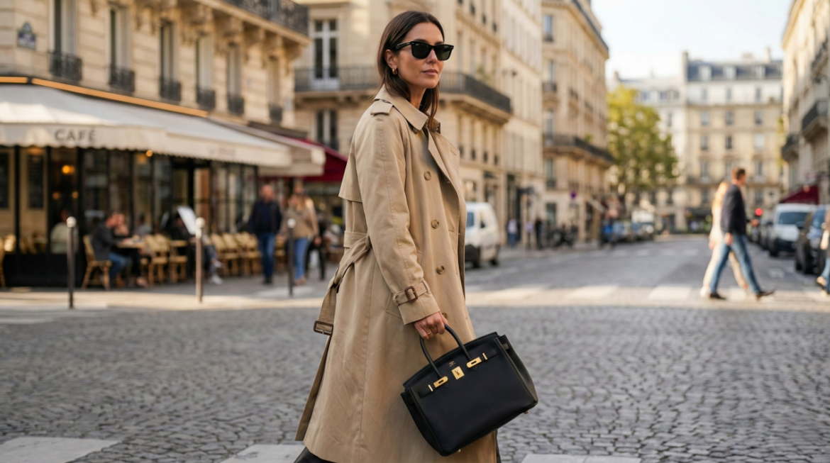 Stylish woman in Parisian street style carrying a black Hermes Kelly 28 replica bag, showcasing 2025 luxury fashion trends and quiet luxury aesthetic.