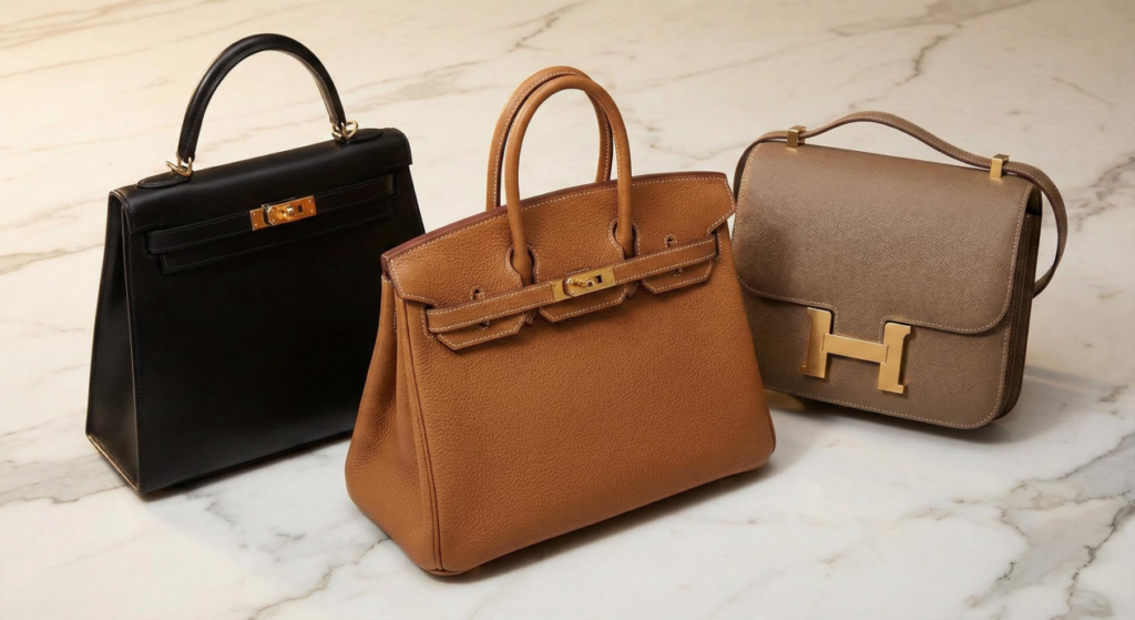 The top three best selling Hermes replica bags in 2025 displayed together: Black Kelly, Gold Birkin 25, and Etoupe Constance 18 in premium Togo and Epsom leathers.