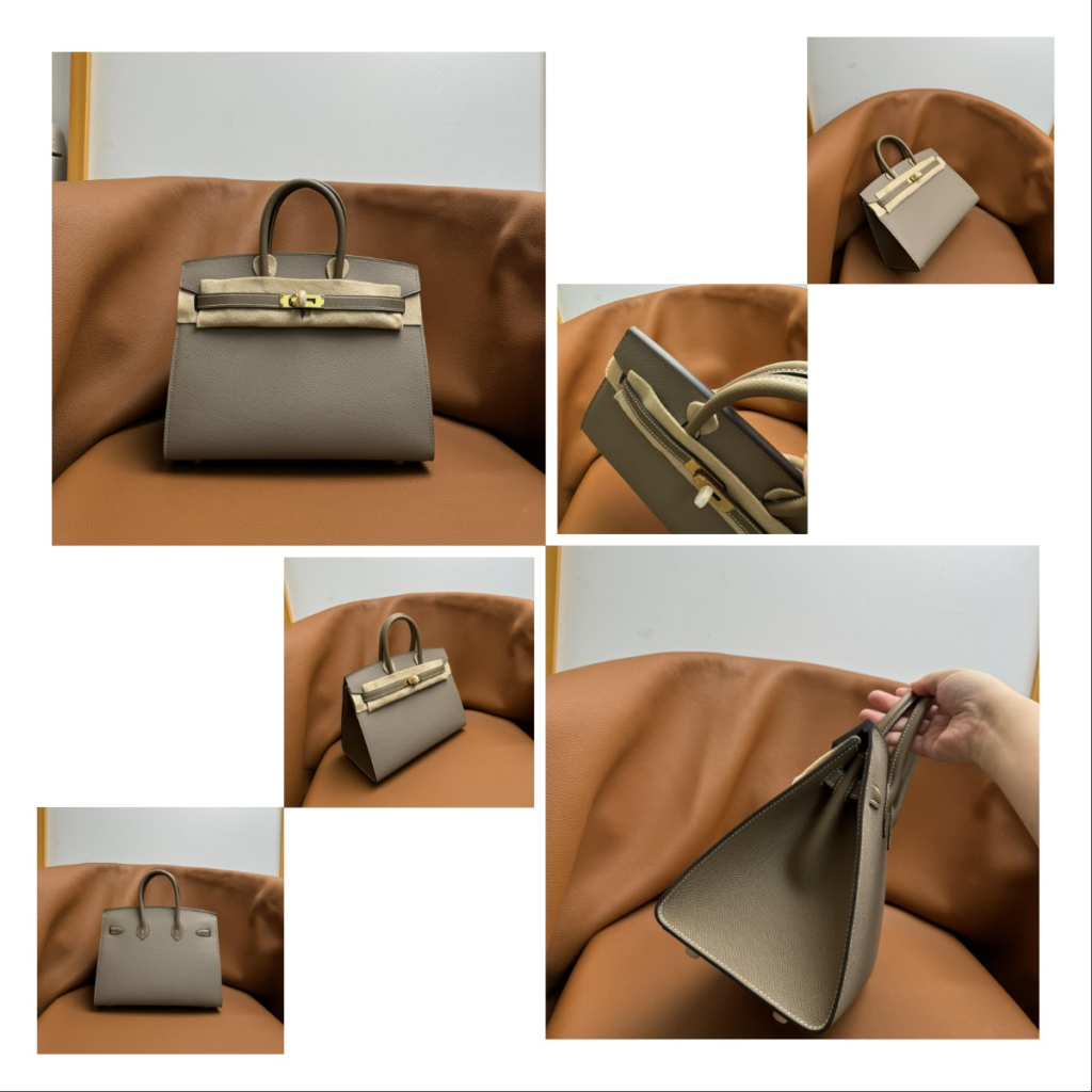 Detailed collage of a AAA grade grey Hermes Kelly 28 replica bag showing rigid structure, side profile thickness, and hand-stitched handle craftsmanship.