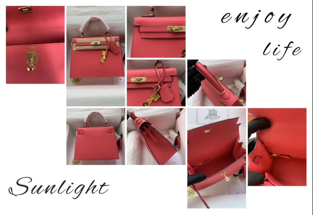 Close-up views of a AAA pink Hermes Kelly replica bag featuring gold hardware, interior leather lining quality, and durable shoulder strap attachments.