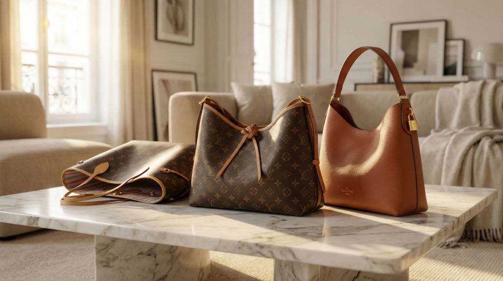 The best-three selling LV replica bags in 2025 displayed on a marble table: the Monogram CarryAll MM, the cognac Low Key Hobo, and the Neverfull Inside Out, creating a luxury atmosphere.