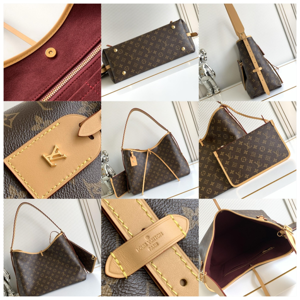 Detailed quality check collage of a AAA grade Louis Vuitton CarryAll MM replica, showing the Monogram canvas alignment, Vachetta leather strap, and interior zipper pouch details.