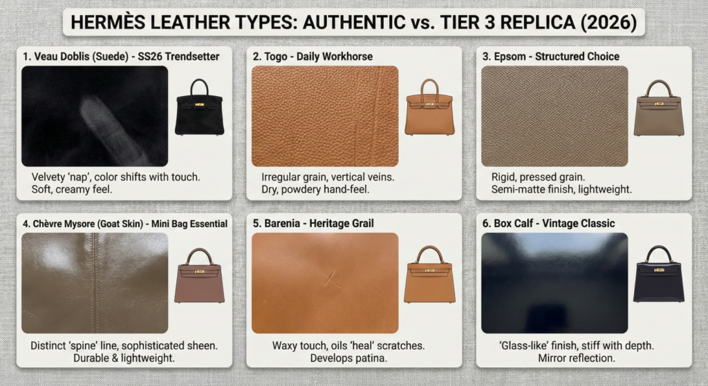 Hermes Leather Types Chart 2026: Close-up textures of Veau Doblis Suede, Togo, Epsom, Chèvre, Barenia, and Box Calf for identifying Authentic vs Tier 3 Replicas."