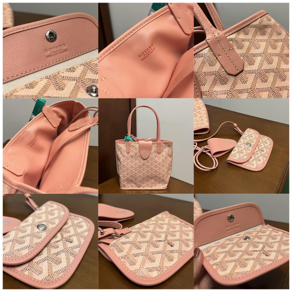 Close-up views of the AAA Goyard Saïgon Mini replica in Mustard Yellow (Jaune), highlighting the real beechwood handle craftsmanship, silver hardware, and crisp logo stamping on Taurillon leather.