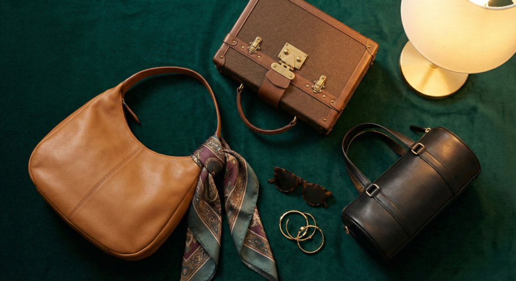 Luxury flat-lay composition displaying the most popular 3 LV replica bags for 2026, including the Low Key Hobo and City Barrel, arranged with sunglasses and jewelry to showcase AAA LV replica bag aesthetics.