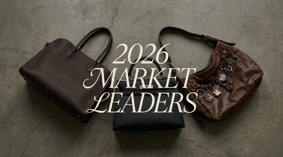 2026 market leaders in superfake handbags showcasing The Row Margaux, Hermès Kelly, and Miu Miu Aventure replicas on a textured background.
