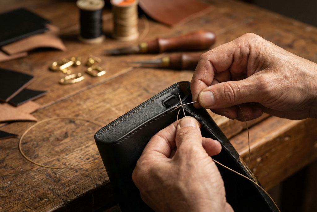 Macro shot of hand-stitched Hermès replica craftsmanship using traditional saddle stitch and beeswax thread for authentic quality.