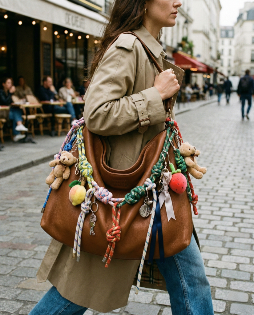 Miu Miu Aventure replica bag styled with colorful bag charms representing the 2026 Chaos Chic and Librarian Core fashion trend.