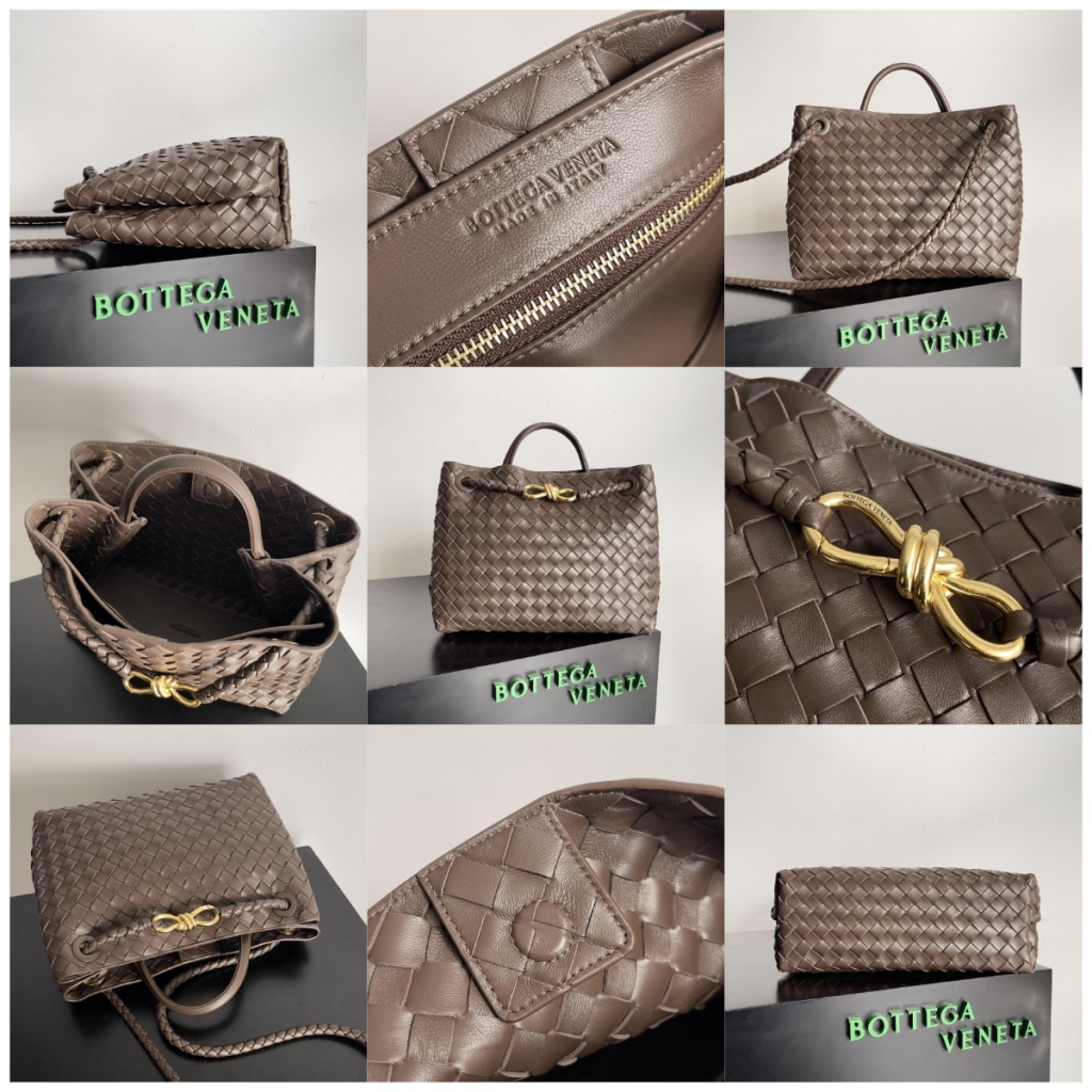 Multi-view collage of the AAA Bottega Veneta Andiamo replica bag in taupe leather, highlighting the gold metal knot clasp, crisp internal "Bottega Veneta Made in Italy" embossing, smooth zipper, and high-quality Intrecciato weave.