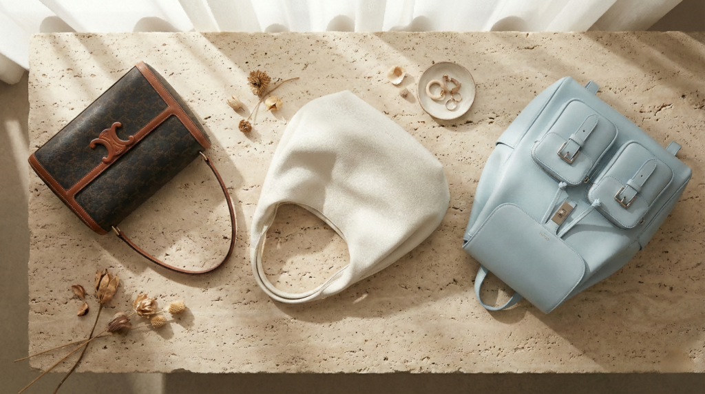 Top view of The most popular 3 Celine replica bags for 2026 arranged on a stone table: the Victoire in Triomphe canvas, the white Heloise hobo, and the Ice Blue Bonnie backpack.
