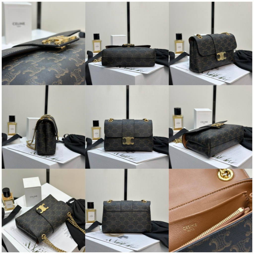 Detailed collage of the Celine Victoire AAA replica bag in Triomphe canvas. Images show the correct vintage gold hardware, precise stitching on black leather trim, and the tan interior lining.