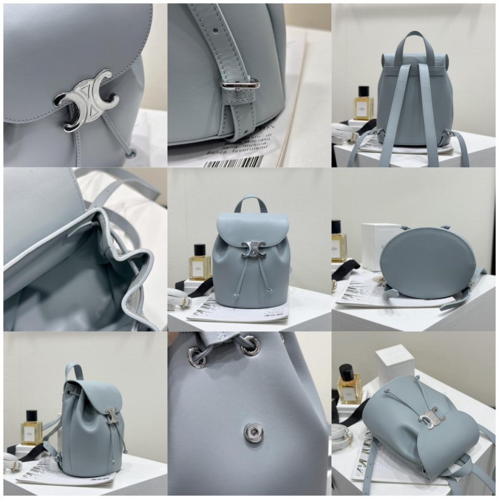 Hands-on review of the Celine Bonnie Backpack replica in Ice Blue smooth leather. Features show the rare silver Triomphe hardware, drawstring closure mechanism, and magnetic snap details.