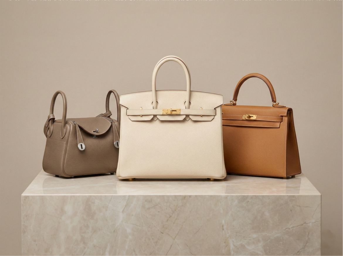 Three photographed Hermès-style bag samples used in this 2026 comparison: a compact Birkin, Mini Lindy and Kelly Danse.