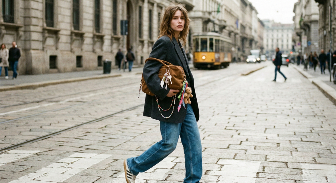 Street style photography of a model carrying a large brown suede Miu Miu bag filled with charms, showcasing the messy bag trend of 2026.