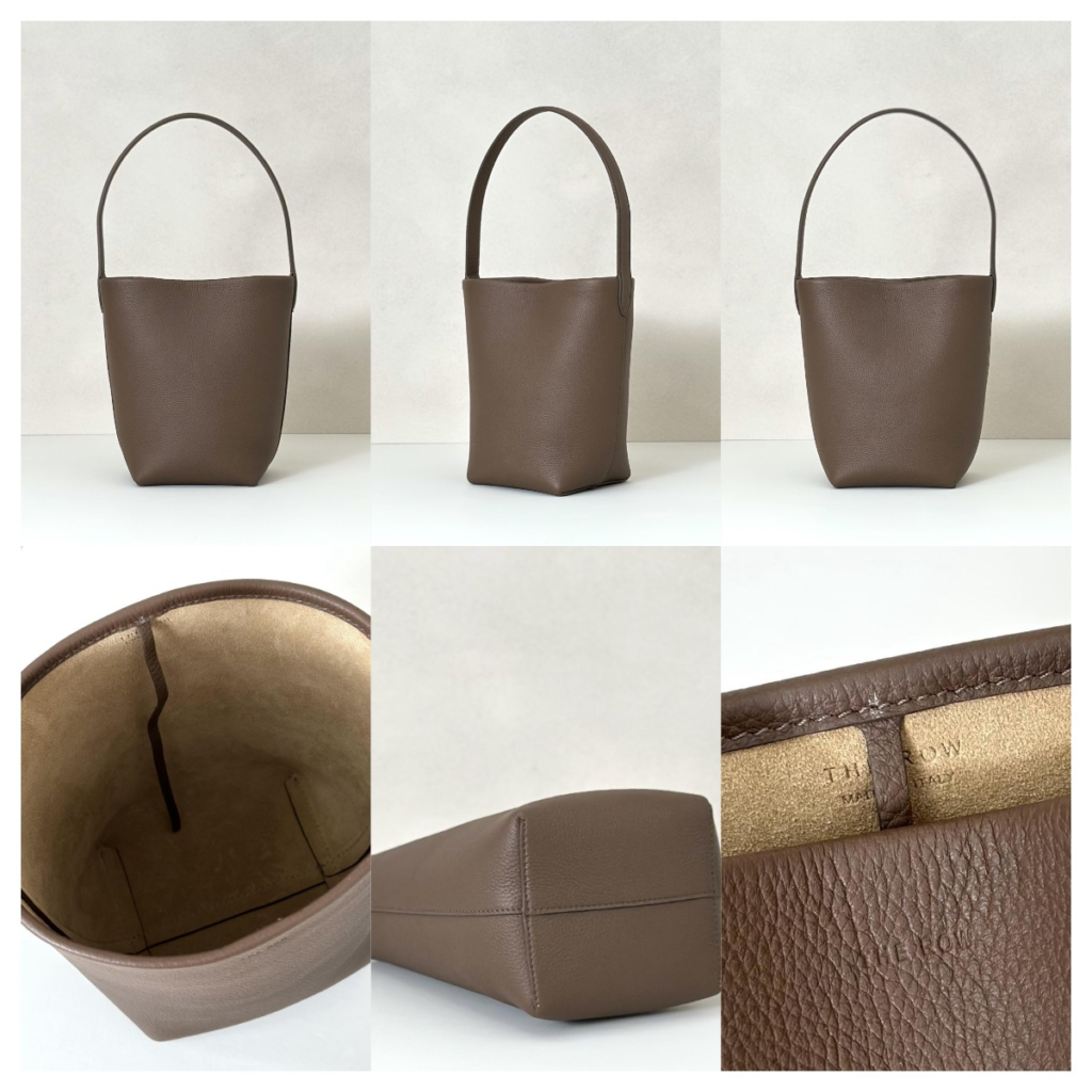 Studio review of the The Row Small N/S Park Tote replica in Dark Olive Brown. The collage highlights the soft grained calfskin texture, the 25cm compact height, and the minimalist single-handle design with suede interior lining.