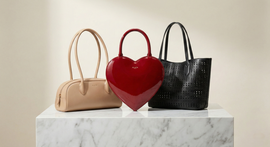 The top 3 predicted Alaïa replica bags for 2026 displayed on marble: Beige Le Teckel, Red Patent Le Coeur, and Black Laser-Cut Le Mina, showing AAA quality variety.