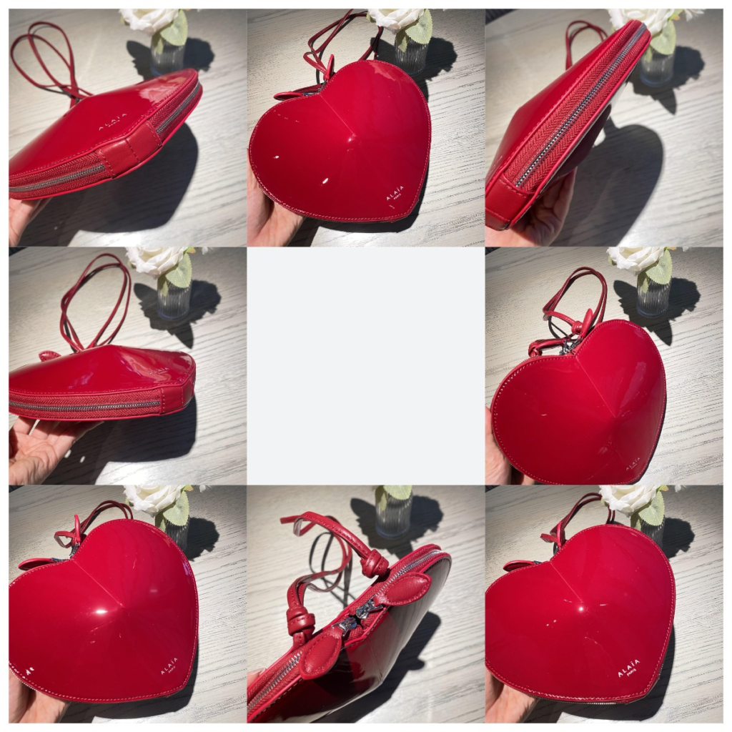Hands-on review collage of the AAA Alaïa Le Coeur replica bag in red patent leather, showing the puffy 3D convex shape, smooth zipper curve craftsmanship, and secure strap knot.