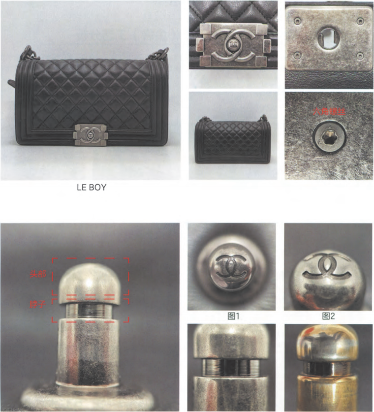 Chanel LE BOY bag central turn-lock axis detail, showing specific head and neck proportions used by experts to Chanel authenticate this classic style.