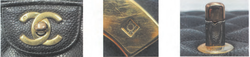 Vintage Chanel authentication detail showing the specific 'V' shaped mark on the bottom head of the central turn-lock axis.