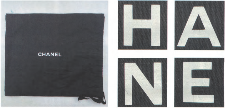 Authentic Chanel dust bag with the classic printed logo, demonstrating the specific typography and letter geometry used to Chanel authenticate accessories.