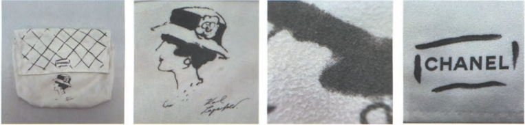 Authentic Chanel dust bag featuring the Coco Chanel portrait, showing the specific ink layering used to depict grey hair to Chanel authenticate the packaging.