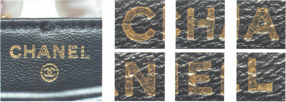 Macro shot of a Chanel gold foil logo stamp showing deep indentations and visible leather texture inside the letters to verify genuine craftsmanship.