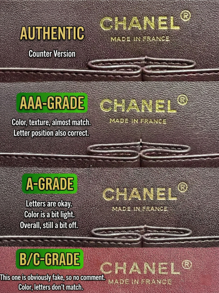 Macro shot of Chanel CF replica gold foil stamp and stitching differences by verified seller