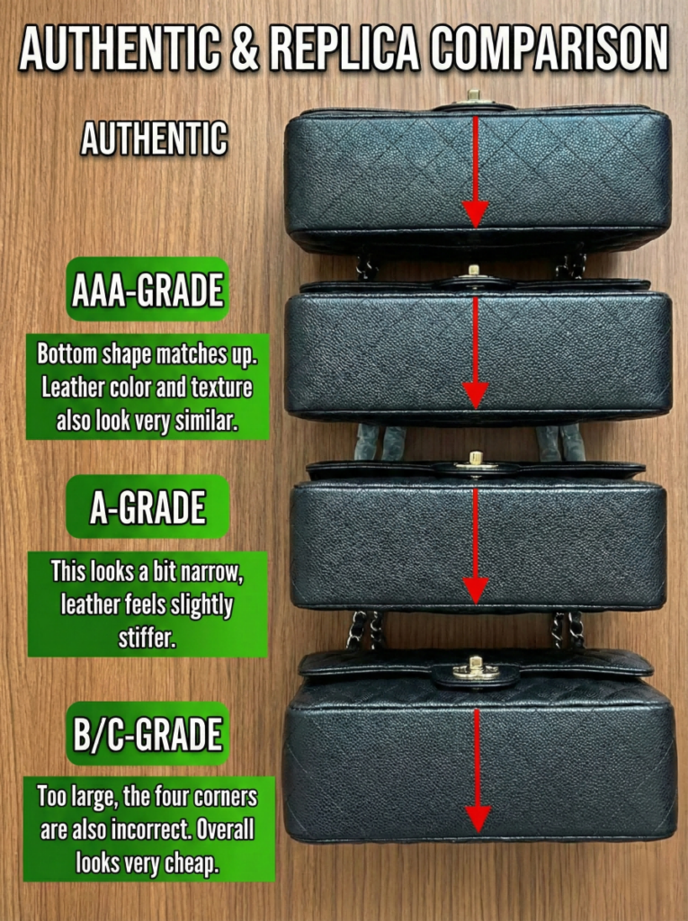 How to spot a fake Chanel CF: bottom width comparison AAA superfake vs authentic