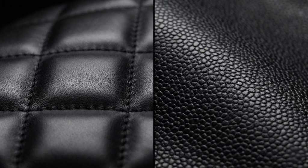 Detailed texture comparison of soft lambskin and durable caviar leather, an essential visual for our Chanel replica bags leather guide.