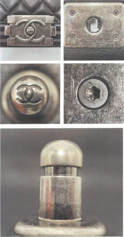 Authentic Chanel Le Boy hardware details showing correct star screws and specific wire-drawing polishing on the lock pillar.