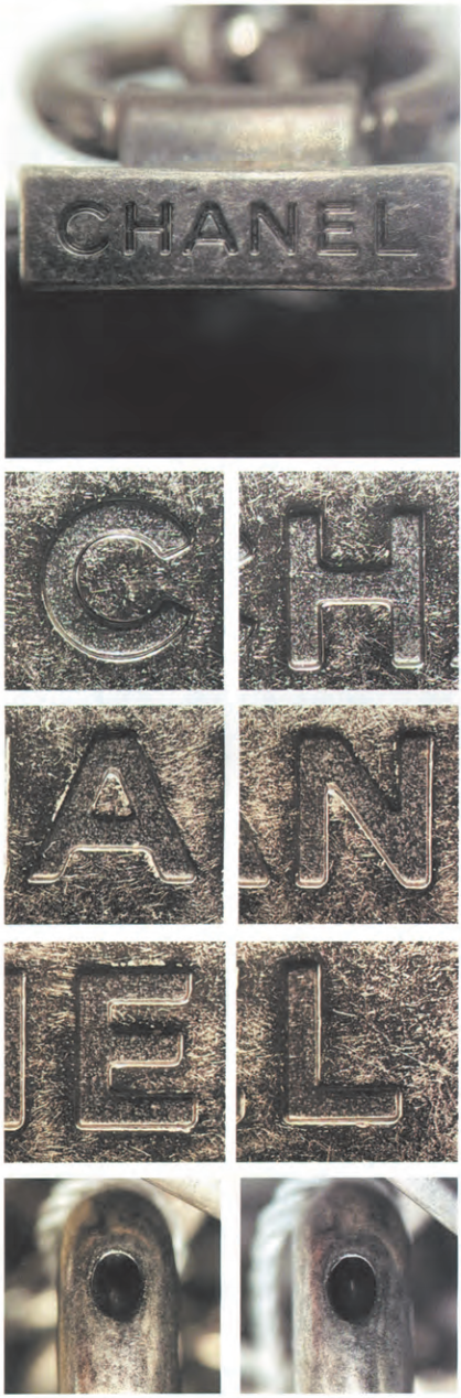 Authentic Chanel Le Boy strap stud engraving close-up demonstrating proper depth and secondary polishing on letters.