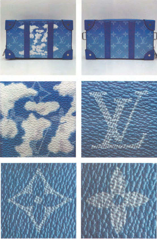 Authentic Louis Vuitton “Blue Sky & White Clouds” Monogram Canvas bag and print detail for LV bag authentication reference.
